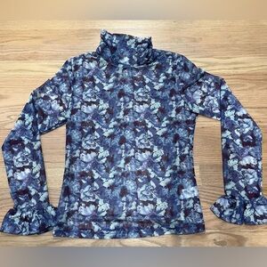 Floral Print Turtleneck Long Sleeve Top - Blue